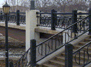 bridge over cannon river, it really is actually there!  Intended for foot travel across the historic, rebuilt riverfront walkways.