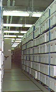 Archival shelves stretching long into the distance.  In reality, the Carleton archives are not really that big, but we've embellished on them for the purpose of the story.