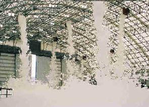 Fire suppressing foam defense shoots from the cieling.  This ingenious material prevents oxygen from reaching the fire, but it can also suffocate people trapped in the room.  Some forms also solidify for use in banks to immobilize intruders.