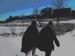 Walking to the Library.  Actually, they are approaching the Library from Lyman Lake, which is the opposite way from their dorm.  But it makes a lovely shot.