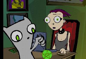 Foamy & his wiccan owner, this one is called Super Mystery Cult, third one he made.  Another good wiccan one is Spell-a-Casters, Free Your Mind, and Meditational Melee